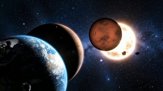 Futuristic Cosmic Eclipse Scene With Planets Asteroids and Distant Star