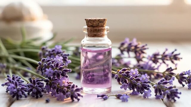 Close up of lavender essential oil in a glass bottle surrounded by fresh lavender flowers and sprigs