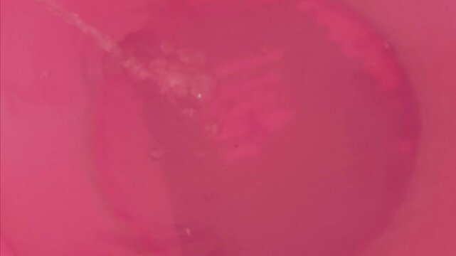Close-up of clear water streaming into a pink plastic bucket creating ripples and bubbles.