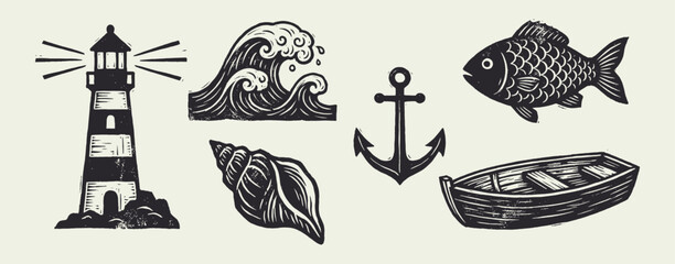 Vintage Nautical Sea Elements Woodcut Set: Lighthouse, Wave, Fish, Anchor, Boat, Shell