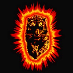 黒背景に燃える火の虎のデジタルアート。炎に包まれた虎の力強いイメージイラスト。