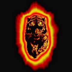 黒背景に燃える火の虎のデジタルアート。炎に包まれた虎の力強いイメージイラスト。