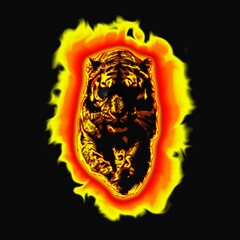 黒背景に燃える火の虎のデジタルアート。炎に包まれた虎の力強いイメージイラスト。
