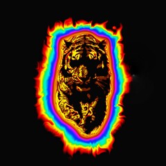 黒背景に燃える火の虎のデジタルアート。炎に包まれた虎の力強いイメージイラスト。