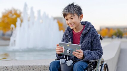 Happy child in wheelchair enjoying video game on tablet by fountain