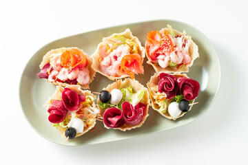 Appetizer: Parmesan Baskets with Shrimp, Salami, Mozzarella and Smoked Salmon