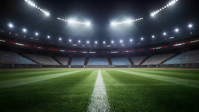 A wide view of a well-maintained sports stadium featuring vibrant green grass, bright stadium lights, and empty seating, ideal for sports and events.