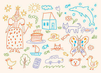 Obraz premium Childlike Doodle Сrayon Set with Princess, Animals, Birthday Cake, Butterfly, House, Car, and Flowers. Fun Hand Drawn Elements for Kids Design, Greeting Cards, Wrapping Paper