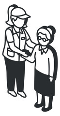 Obraz premium A nurse assisting an elderly patient in a minimalist outline vector style, perfect for healthcare and medical illustrations