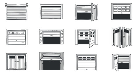 A collection of different garage doors and designs in flat outline vector style, suitable for home improvement and architectural projects