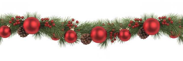 Christmas garland with red ornaments and pine branches holiday decoration festive decor isolated on a transparent background