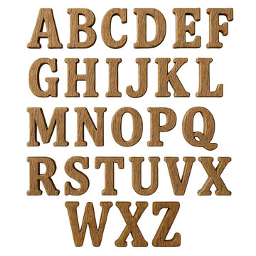 Wooden alphabet letters carved from natural oak wood, rustic texture, on transparent background.