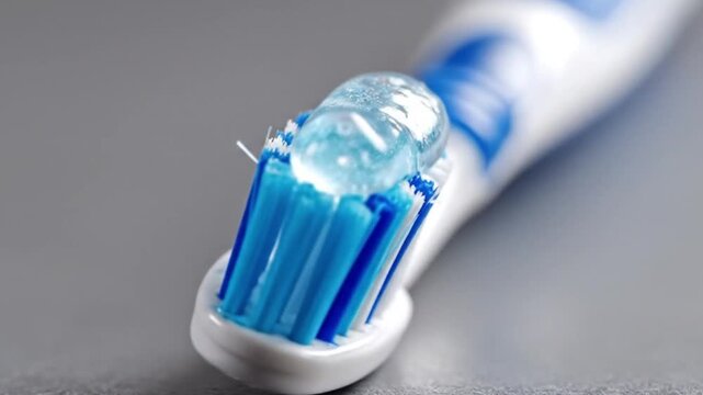 A macro, eye-level shot captures a dollop of sparkling blue gel toothpaste resting precisely on the clean, multi-colored bristles of a toothbrush. The crisp detail highlights the refreshing texture an