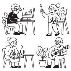 Isolated separated layered lineart outline of elderly people doing creative activities happily