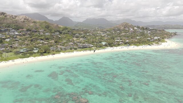 Drone Shot of Lanikai Beach, Popular Tourist Destination on Oahu Island, Hawaii USA