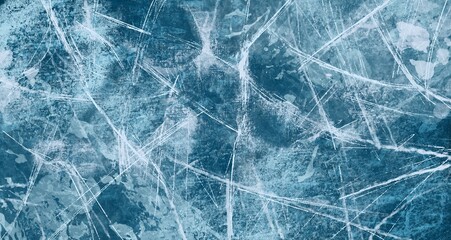 Scratched ice surface texture with frosty blue shades and detailed cracks. Frozen icy background with cold atmosphere. Winter sport or seasonal design concept. Vector illustration for poster, banner,  © roze ultra