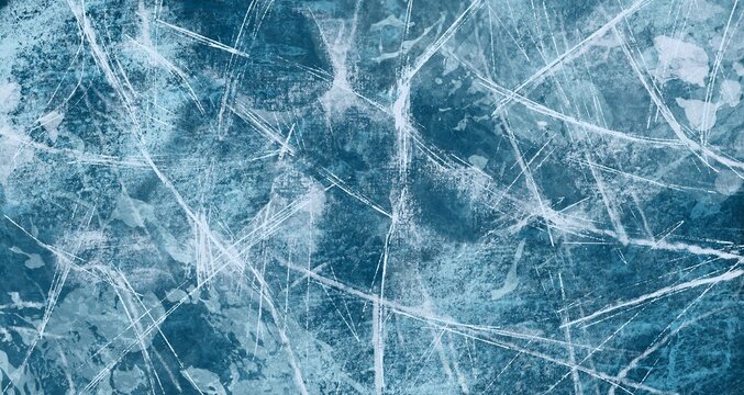 Scratched ice surface texture with frosty blue shades and detailed cracks. Frozen icy background with cold atmosphere. Winter sport or seasonal design concept. Vector illustration for poster, banner, 