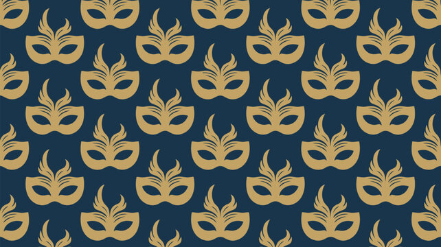 Vibrant gold masquerade masks on dark blue background