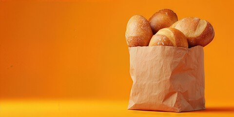 Freshly Baked Bread: A collection of warm, golden bread rolls nestle in a simple brown paper bag, against a backdrop of vibrant orange, invoking feelings of warmth and deliciousness.