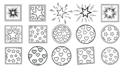 A collection of decorative star and heart icons in black and white outline vector style, perfect for creative projects and greeting cards