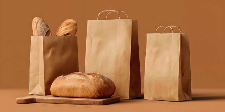 Artisan Bread Display:  A trio of rustic brown paper bags display a fresh baguette and a round loaf, suggesting a bakery or store with focus on baked goods.
