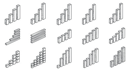 Obraz premium A collection of 3D bar graphs in outline vector style, suitable for data visualization and business presentations
