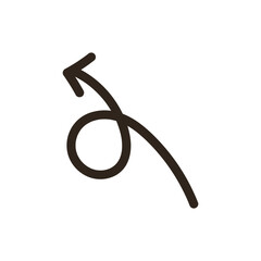 Simple hand-drawn dark brown arrow pointing upwards and left with a curved tail on a black background