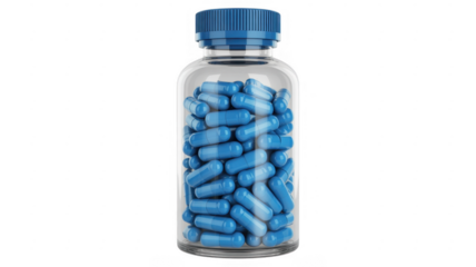 Clear bottle filled with blue capsules pill bottle medication isolated on a transparent background
