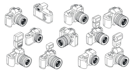 A collection of various camera illustrations in outline vector style, ideal for photography-related projects and branding