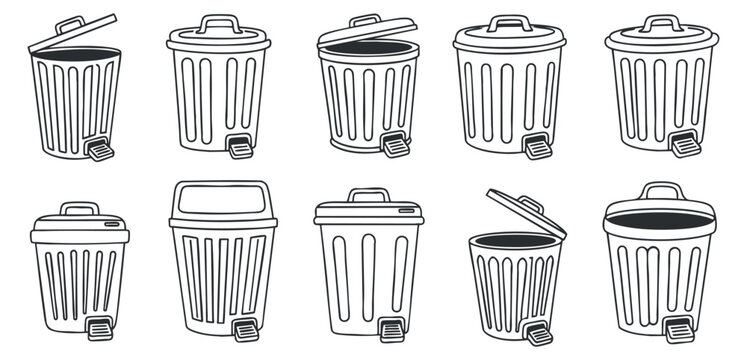 A set of various trash bins in outline minimalist vector style, suitable for environmental awareness and waste management projects