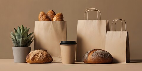 Fresh Bakery: An inviting collection showcases freshly baked pastries alongside a paper coffee cup, and a plant, a scene of daily enjoyment.