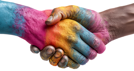 Vibrant handshake unity equality diversity support inclusion cooperation partnership trust color paint rainbow harmony connection solidarity teamwork strength friendship hope, isolated
