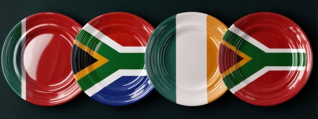 Display of four plates featuring flags from Italy, South Africa, Ireland, and South Africa arranged on a dark surface