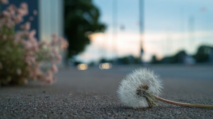 Dandelion seed head on urban ground at dusk