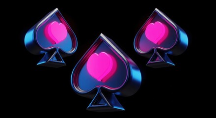 Fototapeta premium Three glowing futuristic spade symbols with neon pink hearts on a dark background