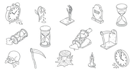 Obraz premium A collection of time and death-related icons including hourglasses, skull, rose, and candle in minimalist vector outline style