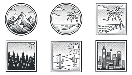 Fototapeta premium A collection of nature and cityscape illustrations featuring mountains, palm trees, forests, and buildings in black and white minimalist vector style