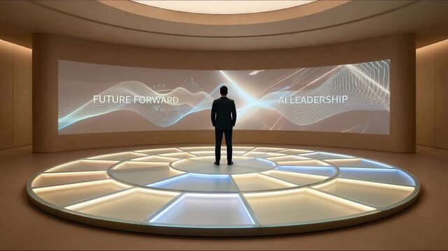 Modern composition. Man on circular glowing stage in warm minimal scene. Concept of leadership, future digital design, finance strategy metaphors, AI creativity, immersive editorial storytelling
