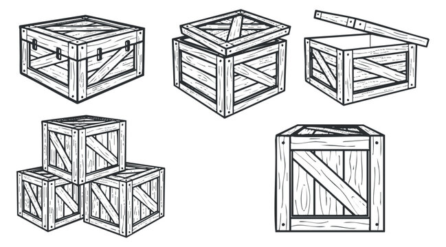 A collection of wooden crates and boxes in hand-drawn outline style, suitable for vintage-themed design projects