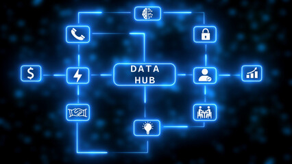 Digital network diagram with icons for data hub and business processes technology
