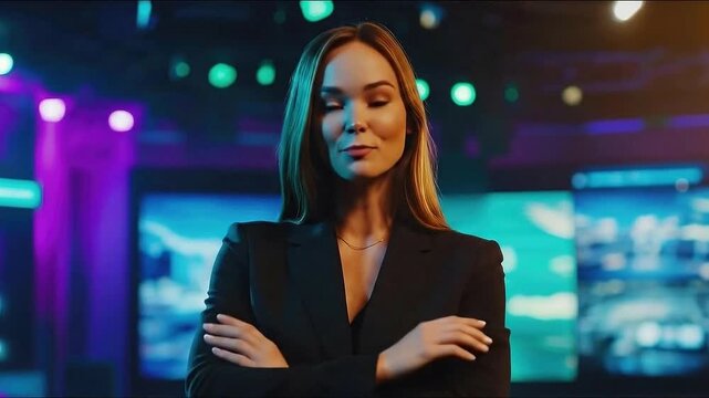 Confident businesswoman standing in modern office with arms crossed