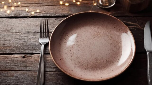 This overhead shot showcases a beautifully set rustic table, featuring an empty, speckled ceramic plate flanked by a polished fork and a knife. The distressed wooden surface provides a warm, natural b