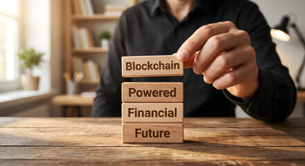 Conceptual Image of Blockchain Technology with Wooden Blocks Highlighting Financial and Future Focus