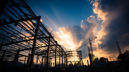 girders. Steel construction framework silhouette against dramatic sky during golden hour, real-estate listings.