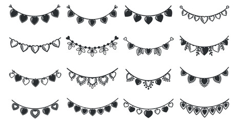 Obraz premium A set of decorative heart-shaped banners in black and white minimalist vector style, perfect for romantic events and celebrations