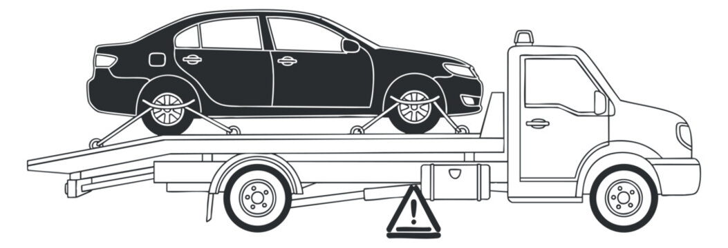 A flatbed tow truck transporting a car in black and white outline vector style, ideal for automotive service illustrations