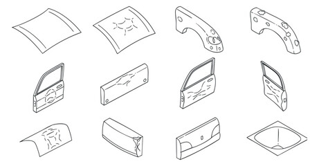 A collection of car body parts and panels in clean outline vector style, suitable for automotive design and engineering projects