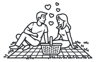 Fototapeta premium A couple enjoying a picnic on a blanket with a basket and hearts in minimalist black and white vector style, perfect for love and relationship themes