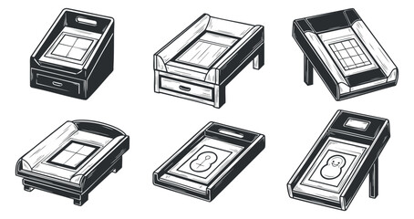 A set of six various table designs in black and white vector style, ideal for interior design projects