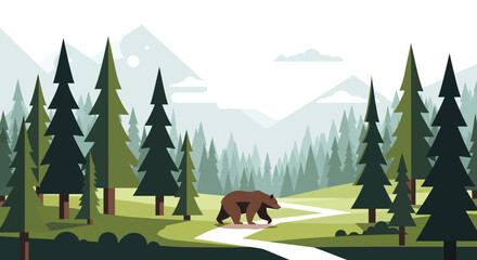 Minimalist vector illustration of a bear in a forest with mountains landscape, suitable for nature © punduh